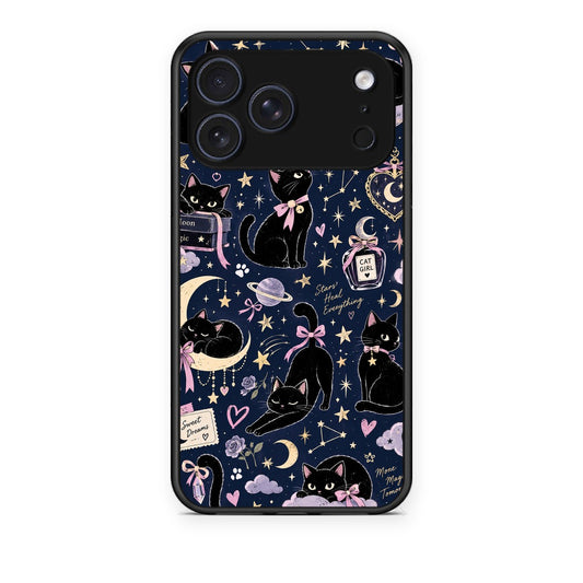 Θήκη iPhone 17 Pro Celestial Black Cats on Navy από τη Smartfits με σχέδιο στο πίσω μέρος και μαύρο περίβλημα | iPhone 17 Pro Celestial Black Cats on Navy case with colorful back and black bezels