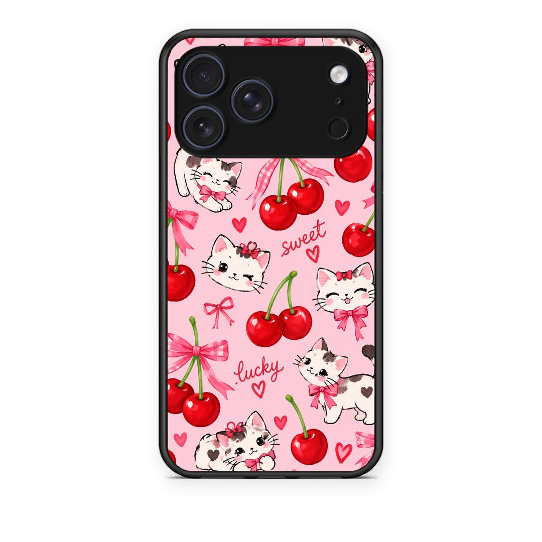 Θήκη iPhone 17 Pro Cherries Bows and Kittens on Pink από τη Smartfits με σχέδιο στο πίσω μέρος και μαύρο περίβλημα | iPhone 17 Pro Cherries Bows and Kittens on Pink case with colorful back and black bezels