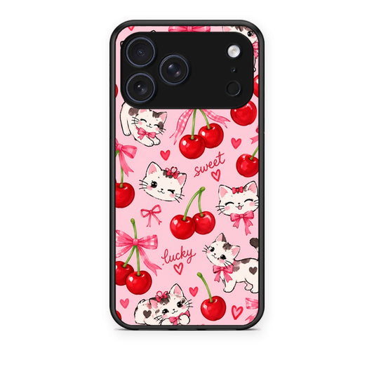 Θήκη iPhone 17 Pro Cherries Bows and Kittens on Pink από τη Smartfits με σχέδιο στο πίσω μέρος και μαύρο περίβλημα | iPhone 17 Pro Cherries Bows and Kittens on Pink case with colorful back and black bezels