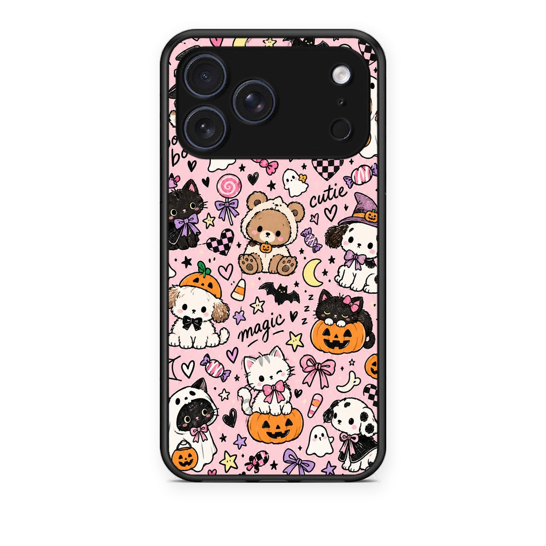 Θήκη iPhone 17 Pro Halloween Cute Animals on Pink από τη Smartfits με σχέδιο στο πίσω μέρος και μαύρο περίβλημα | iPhone 17 Pro Halloween Cute Animals on Pink case with colorful back and black bezels