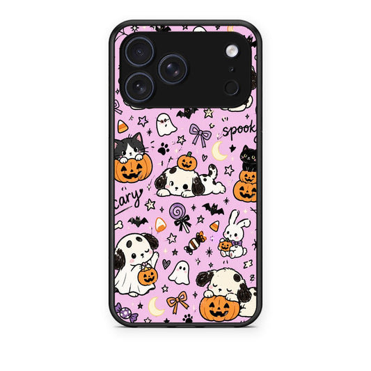 Θήκη iPhone 17 Pro Halloween Puppies and Friends on Lilac από τη Smartfits με σχέδιο στο πίσω μέρος και μαύρο περίβλημα | iPhone 17 Pro Halloween Puppies and Friends on Lilac case with colorful back and black bezels