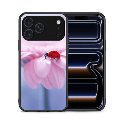 Θήκη iPhone 17 Pro Ladybug Flower από τη Smartfits με σχέδιο στο πίσω μέρος και μαύρο περίβλημα | iPhone 17 Pro Ladybug Flower case with colorful back and black bezels
