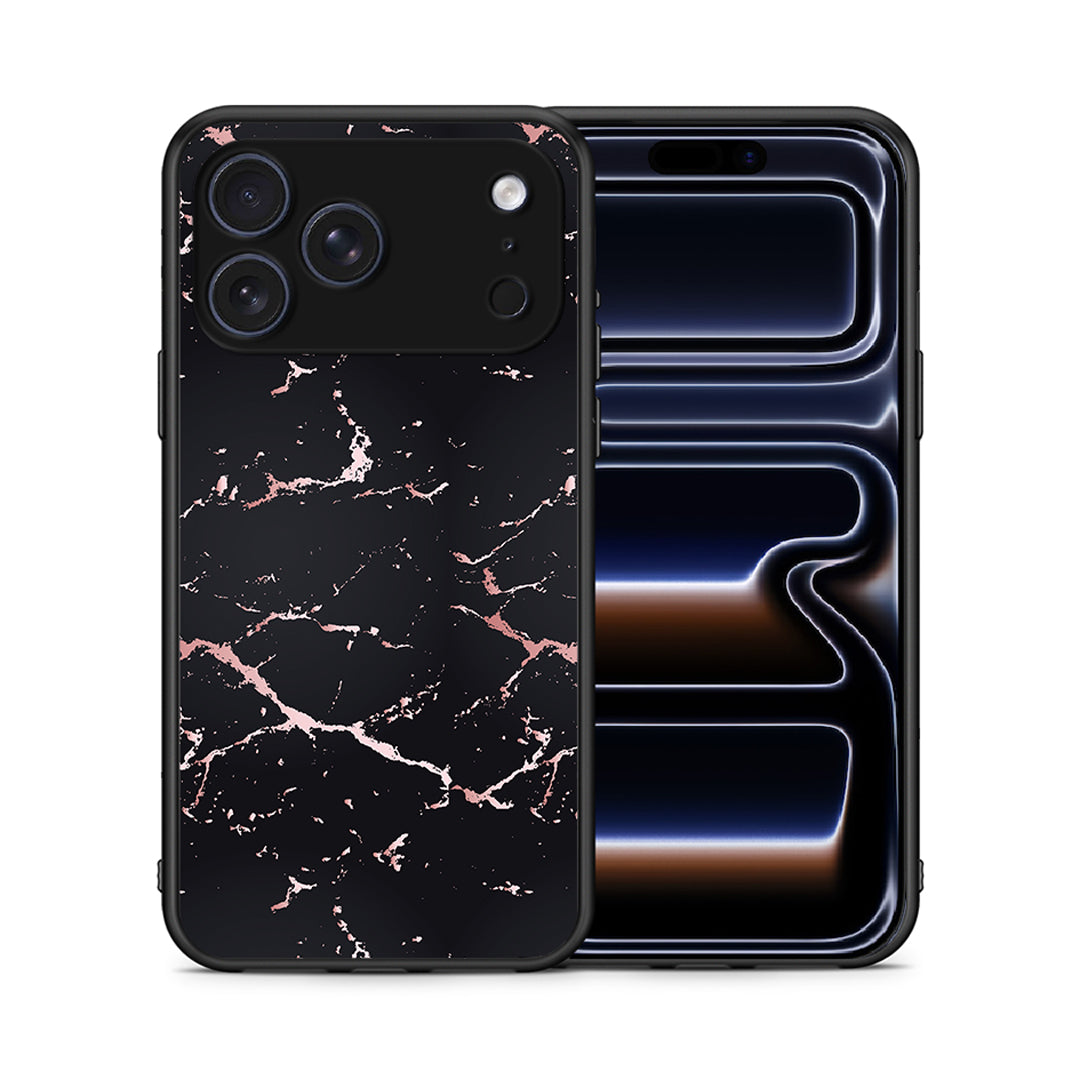Θήκη iPhone 17 Pro Black Rosegold Marble από τη Smartfits με σχέδιο στο πίσω μέρος και μαύρο περίβλημα | iPhone 17 Pro Black Rosegold Marble case with colorful back and black bezels