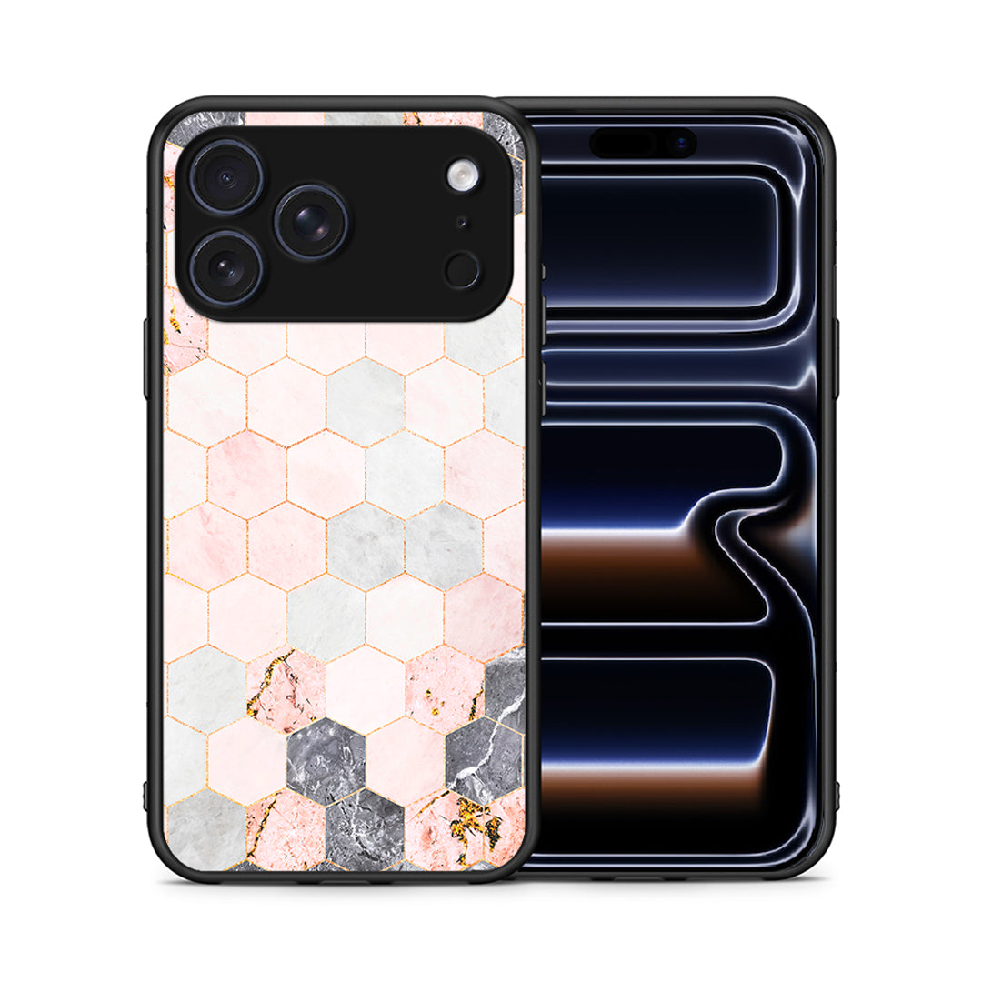 Θήκη iPhone 17 Pro Hexagon Pink Marble από τη Smartfits με σχέδιο στο πίσω μέρος και μαύρο περίβλημα | iPhone 17 Pro Hexagon Pink Marble case with colorful back and black bezels