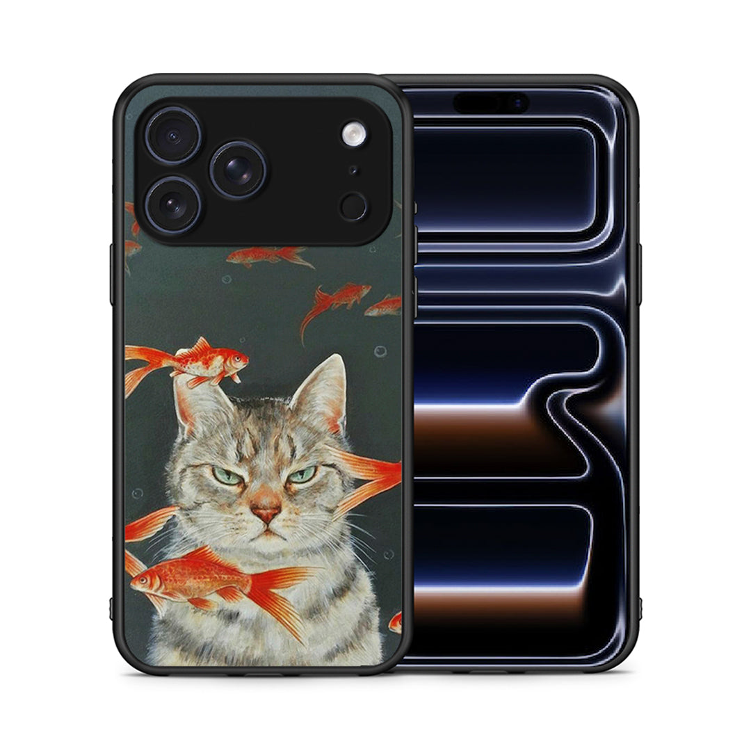 Θήκη iPhone 17 Pro Max Cat Goldfish από τη Smartfits με σχέδιο στο πίσω μέρος και μαύρο περίβλημα | iPhone 17 Pro Max Cat Goldfish case with colorful back and black bezels