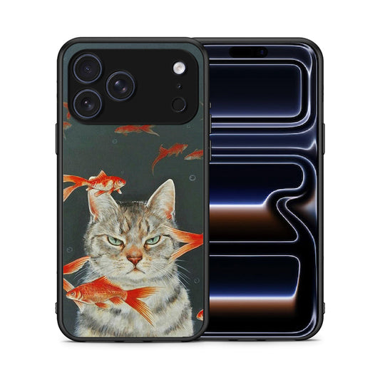Θήκη iPhone 17 Pro Max Cat Goldfish από τη Smartfits με σχέδιο στο πίσω μέρος και μαύρο περίβλημα | iPhone 17 Pro Max Cat Goldfish case with colorful back and black bezels
