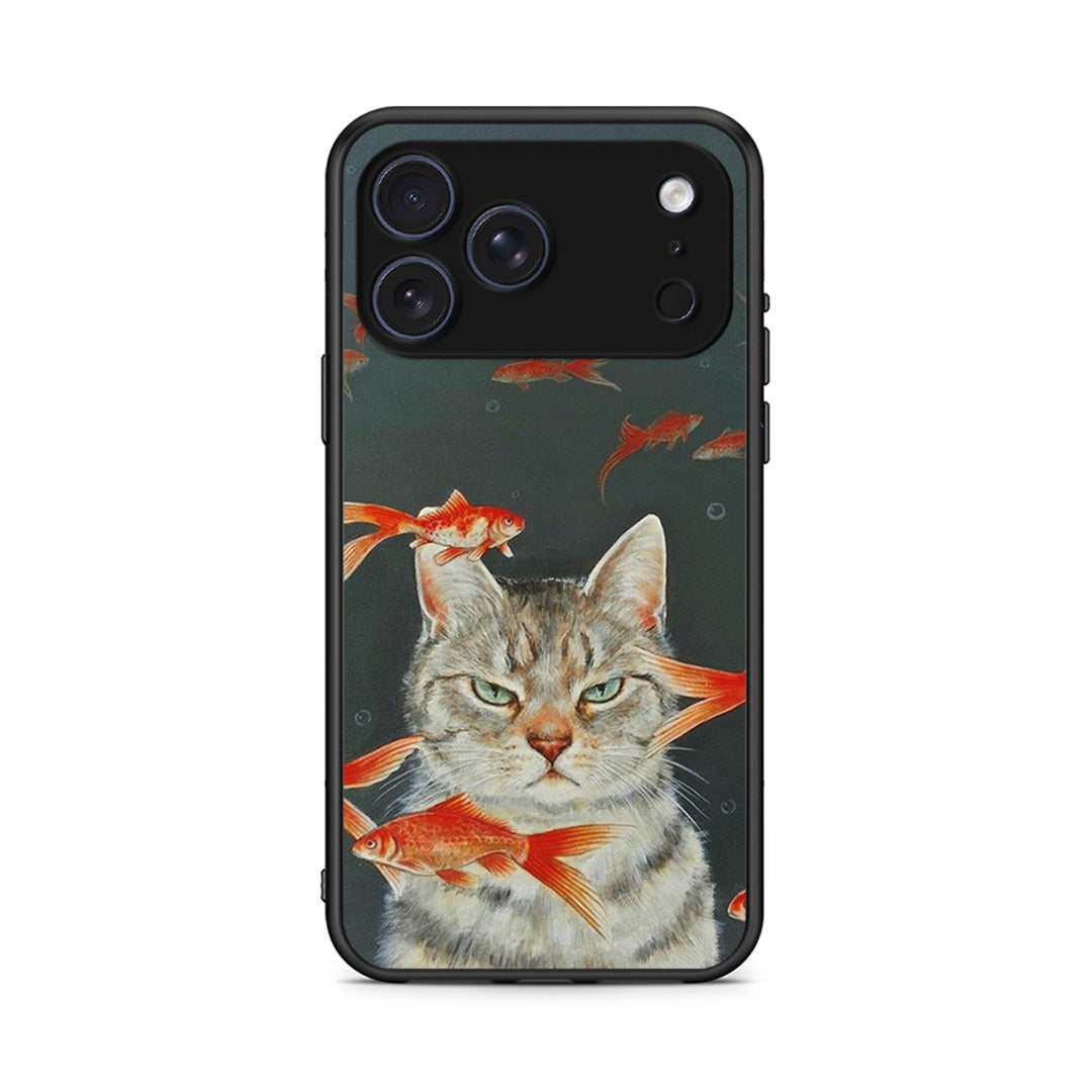 iPhone 17 Pro Max Cat Goldfish θήκη από τη Smartfits με σχέδιο στο πίσω μέρος και μαύρο περίβλημα | Smartphone case with colorful back and black bezels by Smartfits