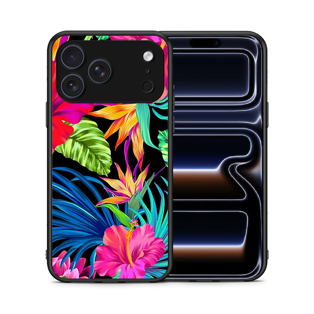 Θήκη iPhone 17 Pro Max Tropical Flowers από τη Smartfits με σχέδιο στο πίσω μέρος και μαύρο περίβλημα | iPhone 17 Pro Max Tropical Flowers case with colorful back and black bezels