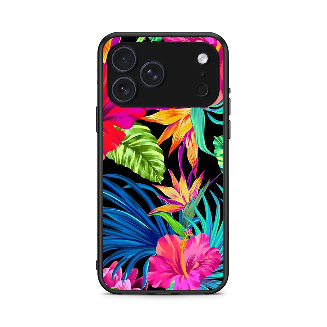 iPhone 17 Pro Max Tropical Flowers θήκη από τη Smartfits με σχέδιο στο πίσω μέρος και μαύρο περίβλημα | Smartphone case with colorful back and black bezels by Smartfits