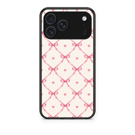 Θήκη iPhone 17 Pro Pink Bow Lattice and Hearts on Cream από τη Smartfits με σχέδιο στο πίσω μέρος και μαύρο περίβλημα | iPhone 17 Pro Pink Bow Lattice and Hearts on Cream case with colorful back and black bezels