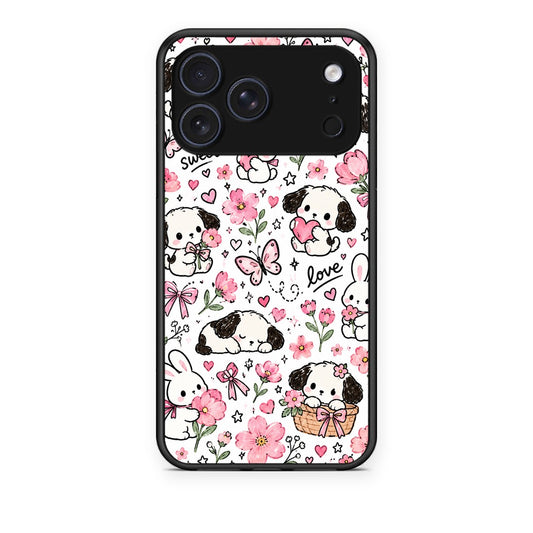 Θήκη iPhone 17 Pro Pink Florals Puppies and Bunnies on White από τη Smartfits με σχέδιο στο πίσω μέρος και μαύρο περίβλημα | iPhone 17 Pro Pink Florals Puppies and Bunnies on White case with colorful back and black bezels