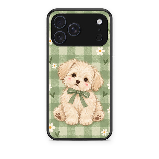 Θήκη iPhone 17 Pro Puppy and Daisies on Sage Gingham από τη Smartfits με σχέδιο στο πίσω μέρος και μαύρο περίβλημα | iPhone 17 Pro Puppy and Daisies on Sage Gingham case with colorful back and black bezels