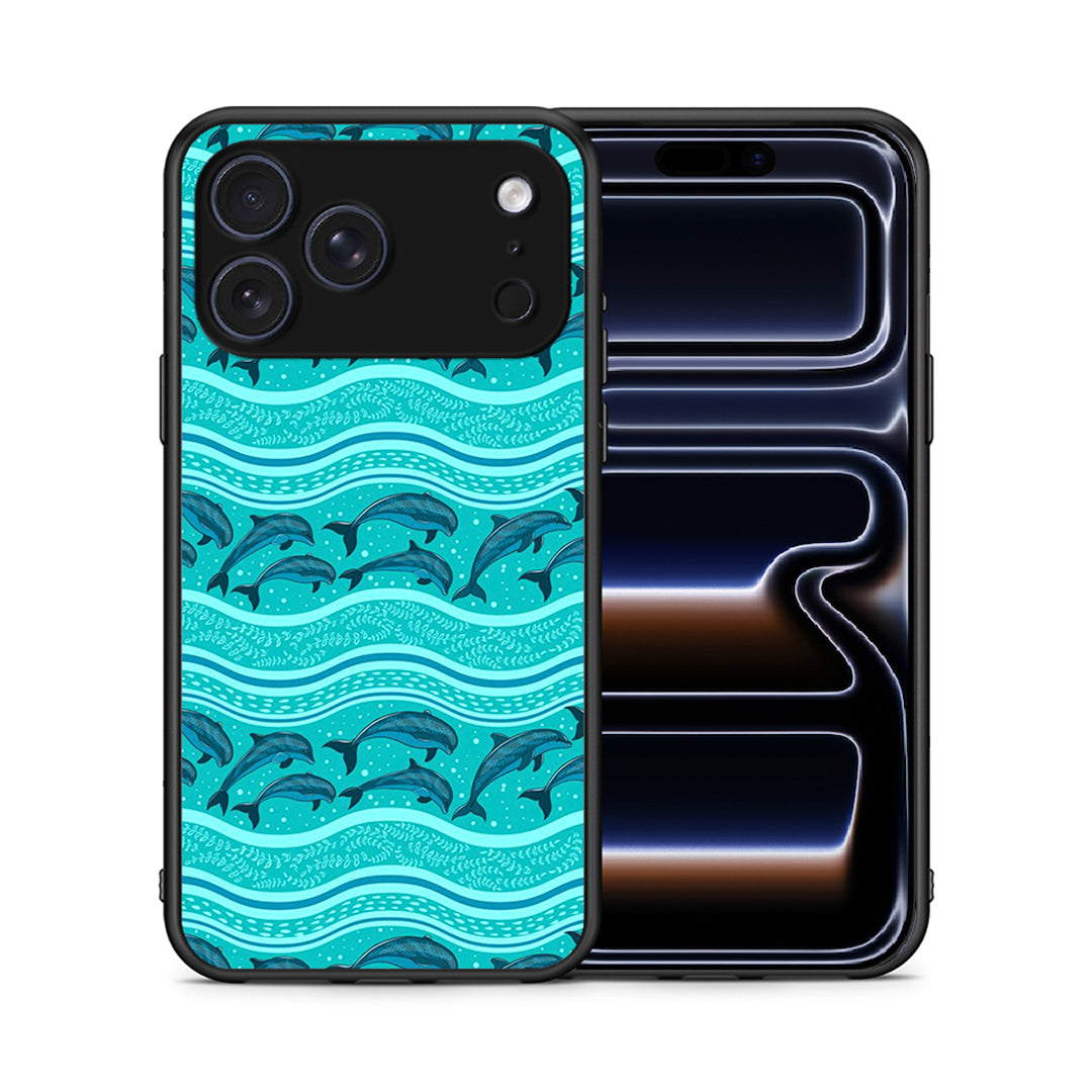 Θήκη iPhone 17 Pro Swimming Dolphins από τη Smartfits με σχέδιο στο πίσω μέρος και μαύρο περίβλημα | iPhone 17 Pro Swimming Dolphins case with colorful back and black bezels