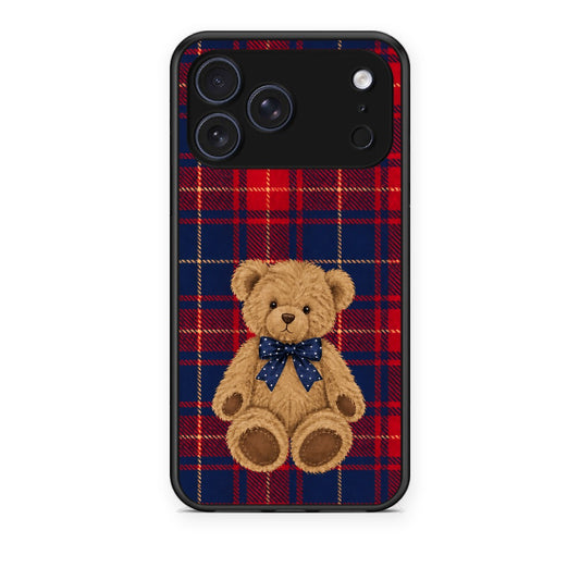 Θήκη iPhone 17 Pro Teddy Bear on Red and Navy Tartan από τη Smartfits με σχέδιο στο πίσω μέρος και μαύρο περίβλημα | iPhone 17 Pro Teddy Bear on Red and Navy Tartan case with colorful back and black bezels