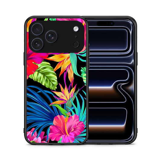 Θήκη iPhone 17 Pro Tropical Flowers από τη Smartfits με σχέδιο στο πίσω μέρος και μαύρο περίβλημα | iPhone 17 Pro Tropical Flowers case with colorful back and black bezels