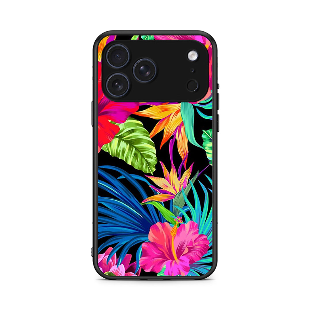 iPhone 17 Pro Tropical Flowers θήκη από τη Smartfits με σχέδιο στο πίσω μέρος και μαύρο περίβλημα | Smartphone case with colorful back and black bezels by Smartfits
