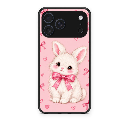 Θήκη iPhone 17 Pro White Bunny and Pink Bows από τη Smartfits με σχέδιο στο πίσω μέρος και μαύρο περίβλημα | iPhone 17 Pro White Bunny and Pink Bows case with colorful back and black bezels