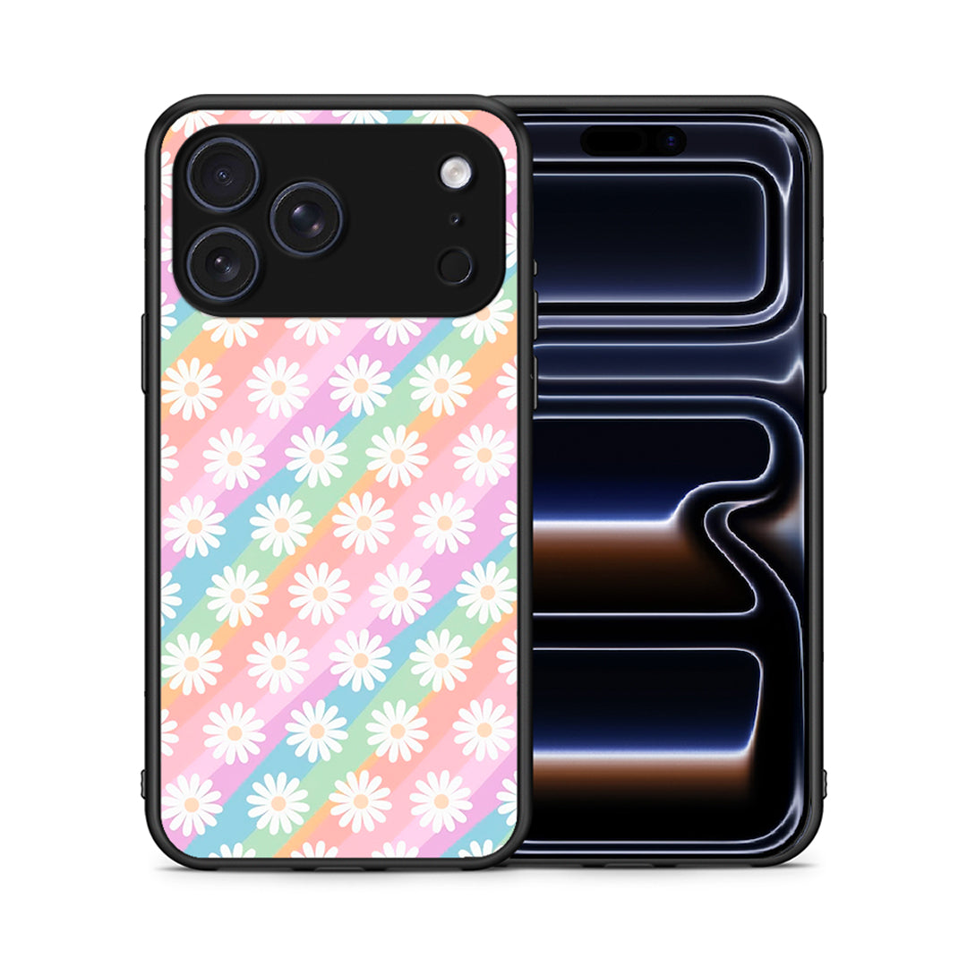 Θήκη iPhone 17 Pro White Daisies από τη Smartfits με σχέδιο στο πίσω μέρος και μαύρο περίβλημα | iPhone 17 Pro White Daisies case with colorful back and black bezels
