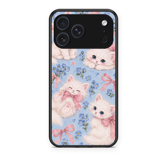 Θήκη iPhone 17 Pro White Kittens and Blue Flowers Large από τη Smartfits με σχέδιο στο πίσω μέρος και μαύρο περίβλημα | iPhone 17 Pro White Kittens and Blue Flowers Large case with colorful back and black bezels