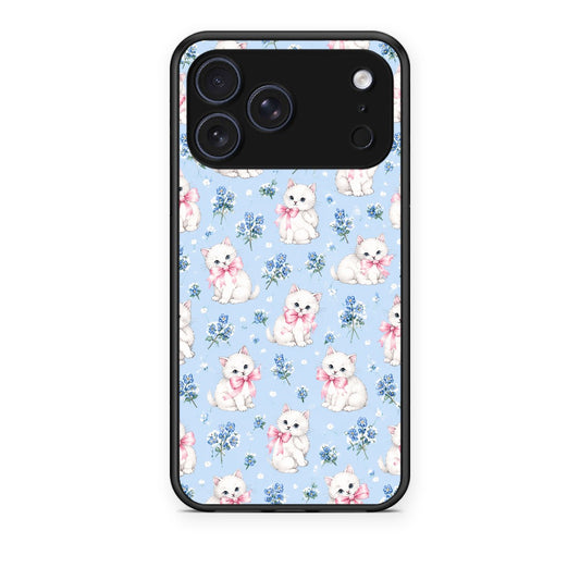 Θήκη iPhone 17 Pro White Kittens and Blue Flowers Small από τη Smartfits με σχέδιο στο πίσω μέρος και μαύρο περίβλημα | iPhone 17 Pro White Kittens and Blue Flowers Small case with colorful back and black bezels