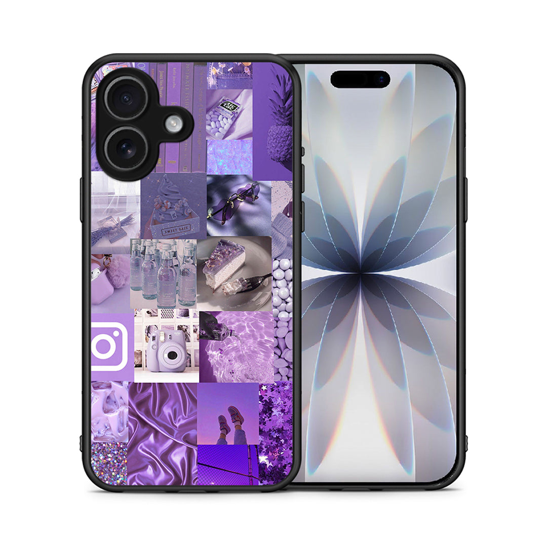 Θήκη iPhone 17 Purple Aesthetic Collage από τη Smartfits με σχέδιο στο πίσω μέρος και μαύρο περίβλημα | iPhone 17 Purple Aesthetic Collage case with colorful back and black bezels