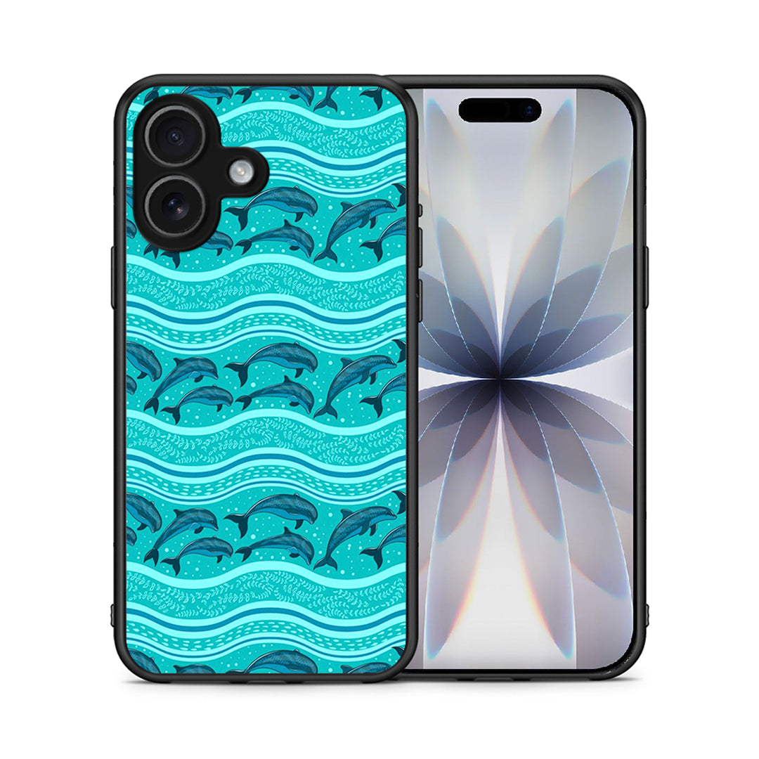 Θήκη iPhone 17 Swimming Dolphins από τη Smartfits με σχέδιο στο πίσω μέρος και μαύρο περίβλημα | iPhone 17 Swimming Dolphins case with colorful back and black bezels