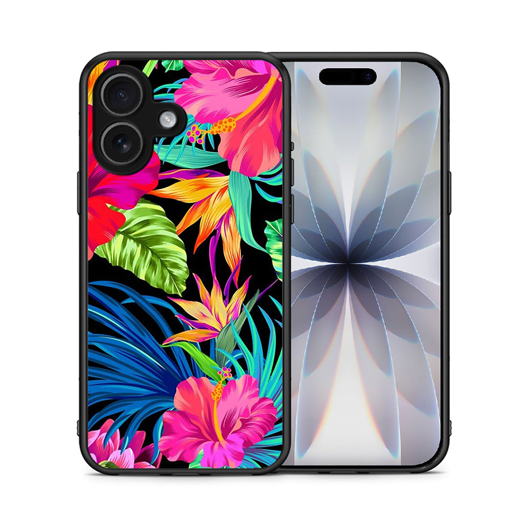 Θήκη iPhone 17 Tropical Flowers από τη Smartfits με σχέδιο στο πίσω μέρος και μαύρο περίβλημα | iPhone 17 Tropical Flowers case with colorful back and black bezels
