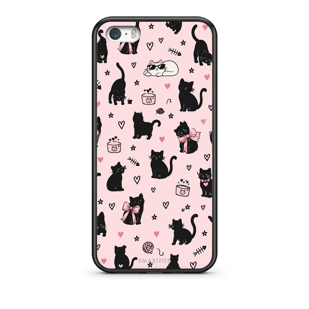 Θήκη iPhone 5 / 5s / SE Black Cat Doodles on Pink από τη Smartfits με σχέδιο στο πίσω μέρος και μαύρο περίβλημα | iPhone 5 / 5s / SE Black Cat Doodles on Pink case with colorful back and black bezels