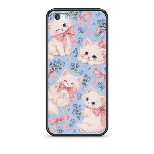 Θήκη iPhone 5 / 5s / SE White Kittens and Blue Flowers Large από τη Smartfits με σχέδιο στο πίσω μέρος και μαύρο περίβλημα | iPhone 5 / 5s / SE White Kittens and Blue Flowers Large case with colorful back and black bezels
