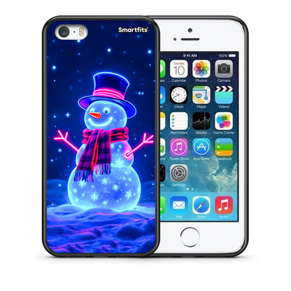 Θήκη iPhone 5/5s/SE Christmas Neon Snowman από τη Smartfits με σχέδιο στο πίσω μέρος και μαύρο περίβλημα | iPhone 5/5s/SE Christmas Neon Snowman case with colorful back and black bezels