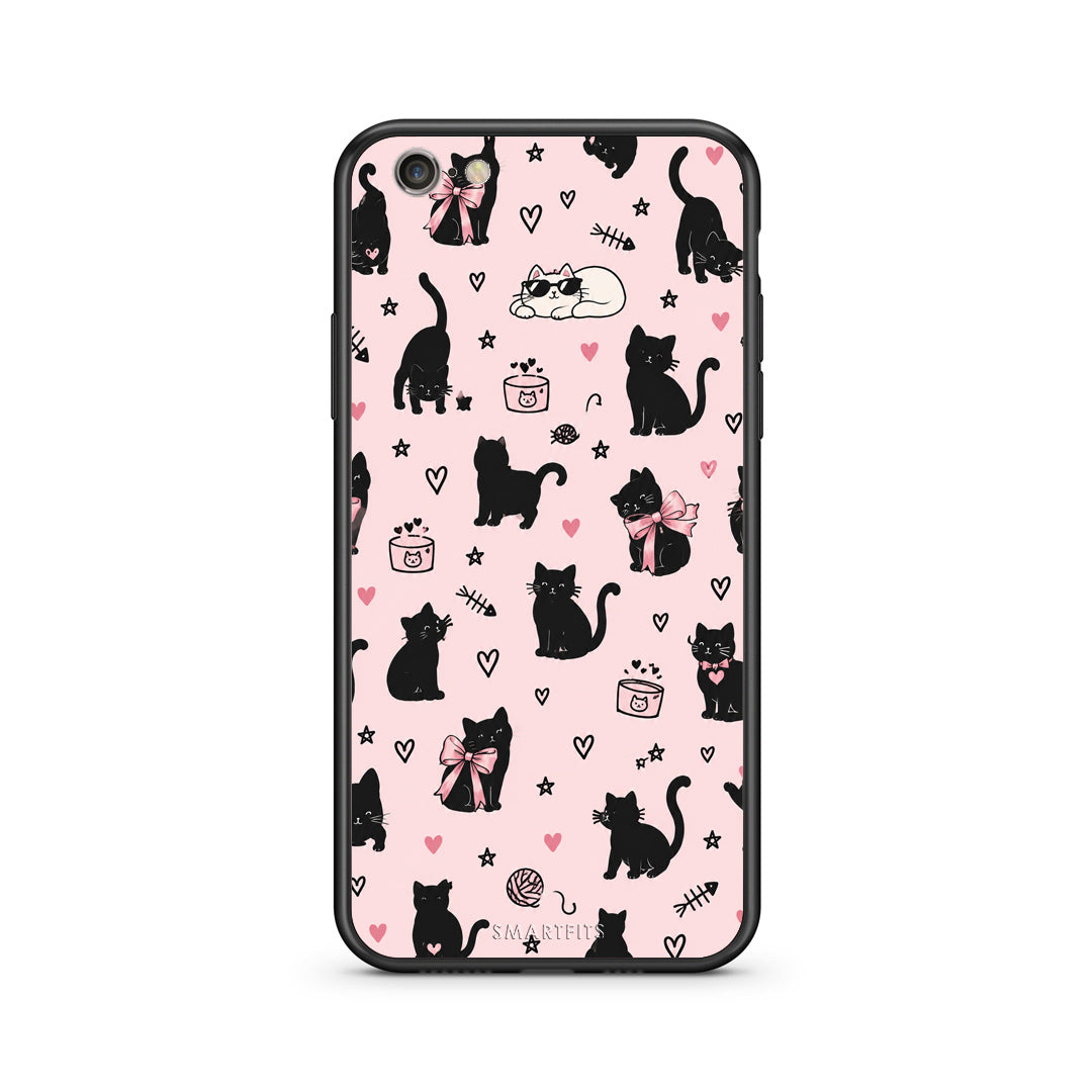 Θήκη iPhone 6 / 6s Black Cat Doodles on Pink από τη Smartfits με σχέδιο στο πίσω μέρος και μαύρο περίβλημα | iPhone 6 / 6s Black Cat Doodles on Pink case with colorful back and black bezels