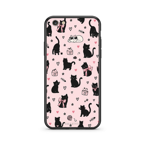 Θήκη iPhone 6 / 6s Black Cat Doodles on Pink από τη Smartfits με σχέδιο στο πίσω μέρος και μαύρο περίβλημα | iPhone 6 / 6s Black Cat Doodles on Pink case with colorful back and black bezels