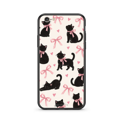 Θήκη iPhone 7 / 8 / SE 2020 Black Kittens and Pink Bows on Cream Large από τη Smartfits με σχέδιο στο πίσω μέρος και μαύρο περίβλημα | iPhone 7 / 8 / SE 2020 Black Kittens and Pink Bows on Cream Large case with colorful back and black bezels