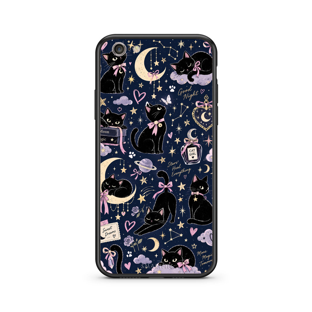 Θήκη iPhone 7 / 8 / SE 2020 Celestial Black Cats on Navy από τη Smartfits με σχέδιο στο πίσω μέρος και μαύρο περίβλημα | iPhone 7 / 8 / SE 2020 Celestial Black Cats on Navy case with colorful back and black bezels