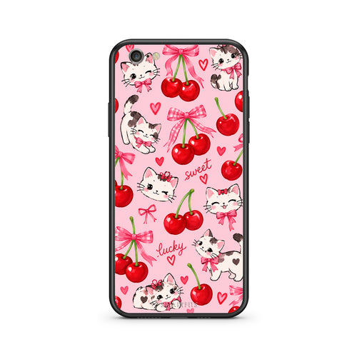Θήκη iPhone 7 / 8 / SE 2020 Cherries Bows and Kittens on Pink από τη Smartfits με σχέδιο στο πίσω μέρος και μαύρο περίβλημα | iPhone 7 / 8 / SE 2020 Cherries Bows and Kittens on Pink case with colorful back and black bezels