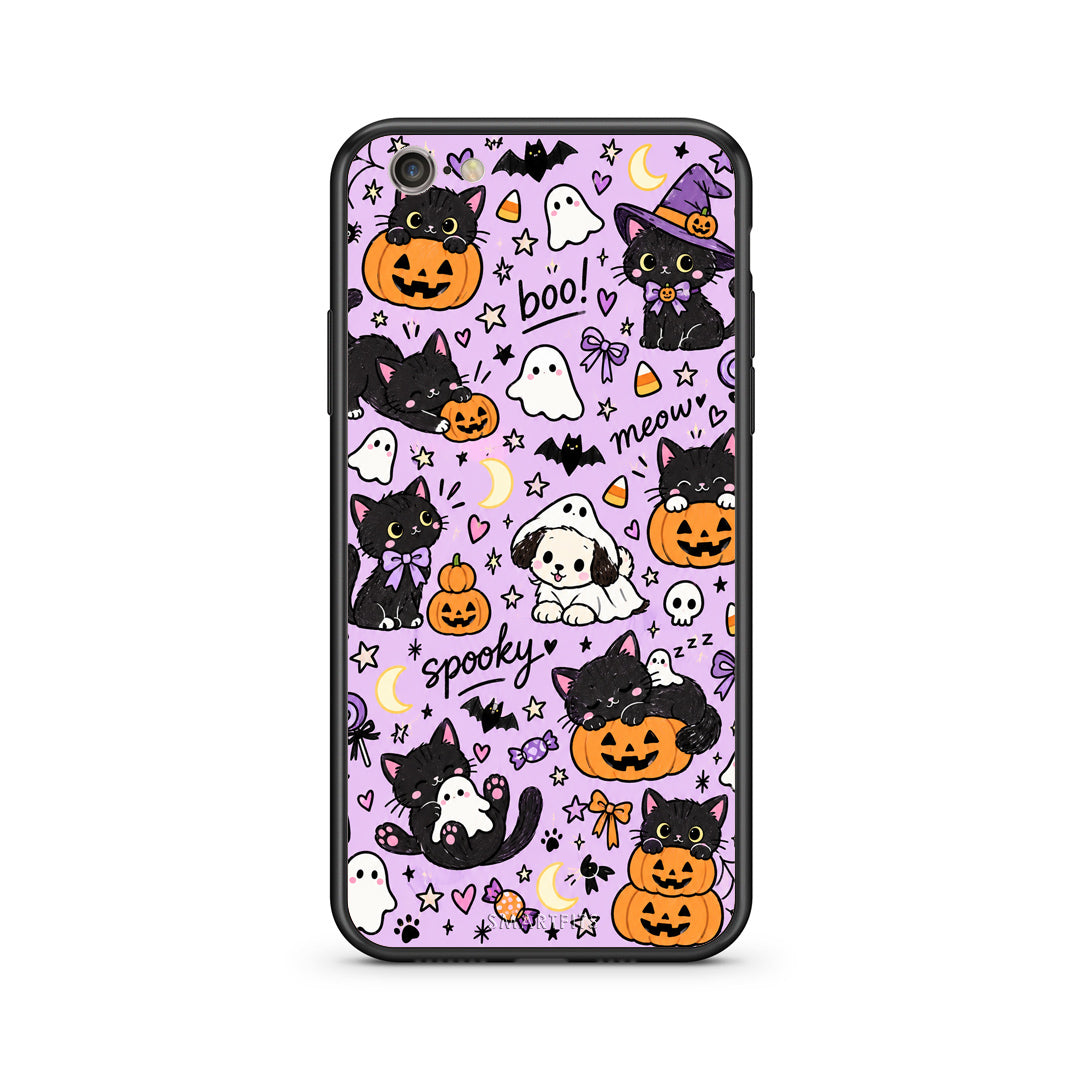 Θήκη iPhone 7 / 8 / SE 2020 Halloween Black Cats on Lilac από τη Smartfits με σχέδιο στο πίσω μέρος και μαύρο περίβλημα | iPhone 7 / 8 / SE 2020 Halloween Black Cats on Lilac case with colorful back and black bezels