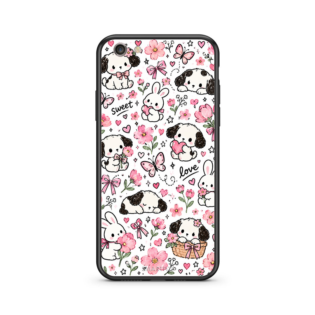 Θήκη iPhone 7 / 8 / SE 2020 Pink Florals Puppies and Bunnies on White από τη Smartfits με σχέδιο στο πίσω μέρος και μαύρο περίβλημα | iPhone 7 / 8 / SE 2020 Pink Florals Puppies and Bunnies on White case with colorful back and black bezels