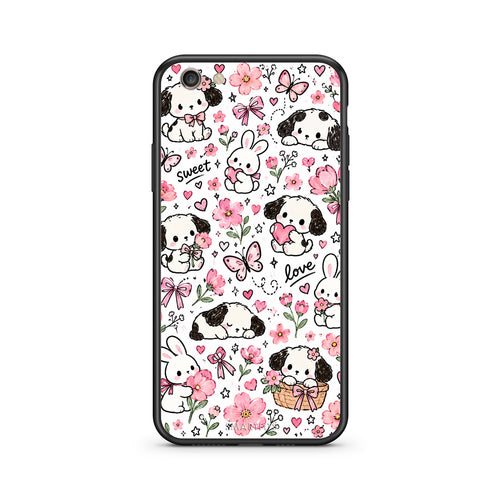 Θήκη iPhone 7 / 8 / SE 2020 Pink Florals Puppies and Bunnies on White από τη Smartfits με σχέδιο στο πίσω μέρος και μαύρο περίβλημα | iPhone 7 / 8 / SE 2020 Pink Florals Puppies and Bunnies on White case with colorful back and black bezels