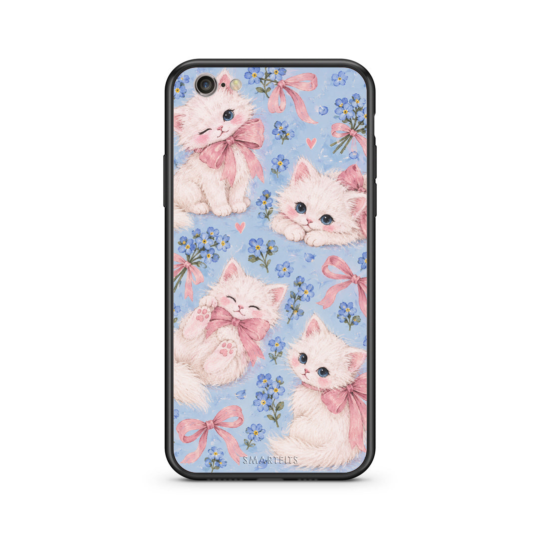 Θήκη iPhone 7 / 8 / SE 2020 White Kittens and Blue Flowers Large από τη Smartfits με σχέδιο στο πίσω μέρος και μαύρο περίβλημα | iPhone 7 / 8 / SE 2020 White Kittens and Blue Flowers Large case with colorful back and black bezels