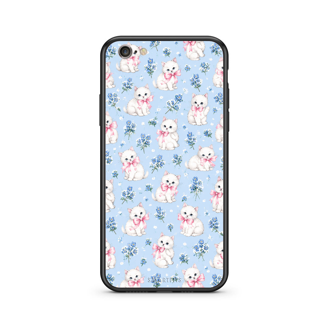 Θήκη iPhone 7 / 8 / SE 2020 White Kittens and Blue Flowers Small από τη Smartfits με σχέδιο στο πίσω μέρος και μαύρο περίβλημα | iPhone 7 / 8 / SE 2020 White Kittens and Blue Flowers Small case with colorful back and black bezels