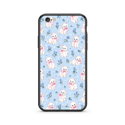 Θήκη iPhone 7 / 8 / SE 2020 White Kittens and Blue Flowers Small από τη Smartfits με σχέδιο στο πίσω μέρος και μαύρο περίβλημα | iPhone 7 / 8 / SE 2020 White Kittens and Blue Flowers Small case with colorful back and black bezels
