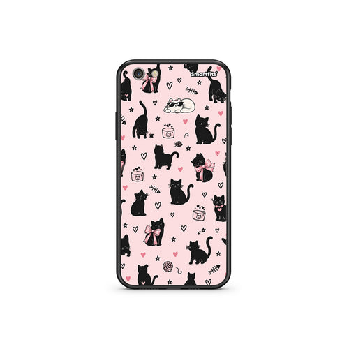 Θήκη iPhone 6 Plus / 6s Plus Black Cat Doodles on Pink από τη Smartfits με σχέδιο στο πίσω μέρος και μαύρο περίβλημα | iPhone 6 Plus / 6s Plus Black Cat Doodles on Pink case with colorful back and black bezels