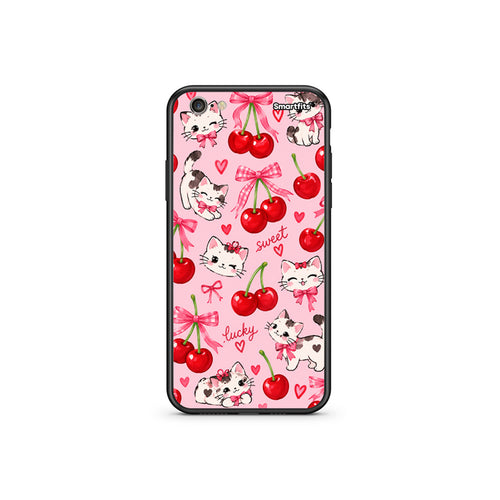 Θήκη iPhone 6 Plus / 6s Plus Cherries Bows and Kittens on Pink από τη Smartfits με σχέδιο στο πίσω μέρος και μαύρο περίβλημα | iPhone 6 Plus / 6s Plus Cherries Bows and Kittens on Pink case with colorful back and black bezels