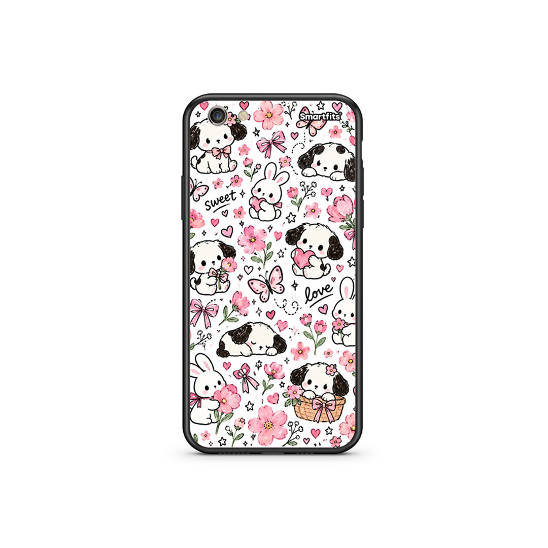 Θήκη iPhone 6 Plus / 6s Plus Pink Florals Puppies and Bunnies on White από τη Smartfits με σχέδιο στο πίσω μέρος και μαύρο περίβλημα | iPhone 6 Plus / 6s Plus Pink Florals Puppies and Bunnies on White case with colorful back and black bezels