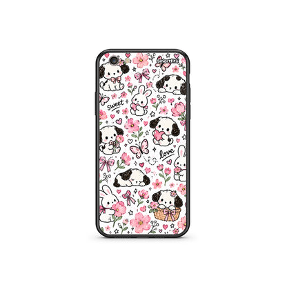 Θήκη iPhone 6 Plus / 6s Plus Pink Florals Puppies and Bunnies on White από τη Smartfits με σχέδιο στο πίσω μέρος και μαύρο περίβλημα | iPhone 6 Plus / 6s Plus Pink Florals Puppies and Bunnies on White case with colorful back and black bezels