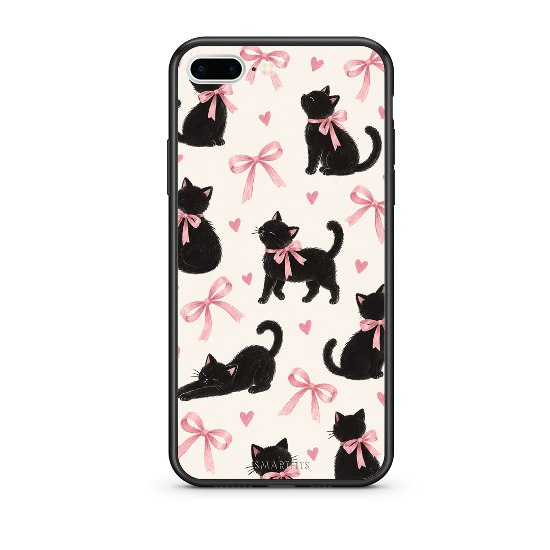 Θήκη iPhone 7 Plus / 8 Plus Black Kittens and Pink Bows on Cream Large από τη Smartfits με σχέδιο στο πίσω μέρος και μαύρο περίβλημα | iPhone 7 Plus / 8 Plus Black Kittens and Pink Bows on Cream Large case with colorful back and black bezels