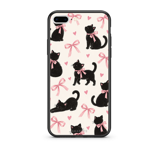 Θήκη iPhone 7 Plus / 8 Plus Black Kittens and Pink Bows on Cream Large από τη Smartfits με σχέδιο στο πίσω μέρος και μαύρο περίβλημα | iPhone 7 Plus / 8 Plus Black Kittens and Pink Bows on Cream Large case with colorful back and black bezels