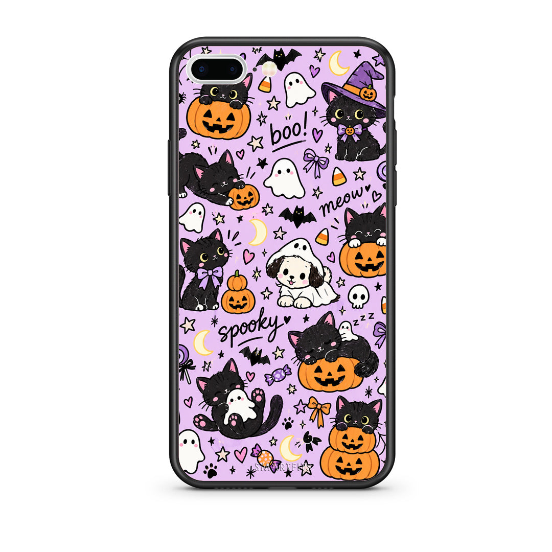 Θήκη iPhone 7 Plus / 8 Plus Halloween Black Cats on Lilac από τη Smartfits με σχέδιο στο πίσω μέρος και μαύρο περίβλημα | iPhone 7 Plus / 8 Plus Halloween Black Cats on Lilac case with colorful back and black bezels