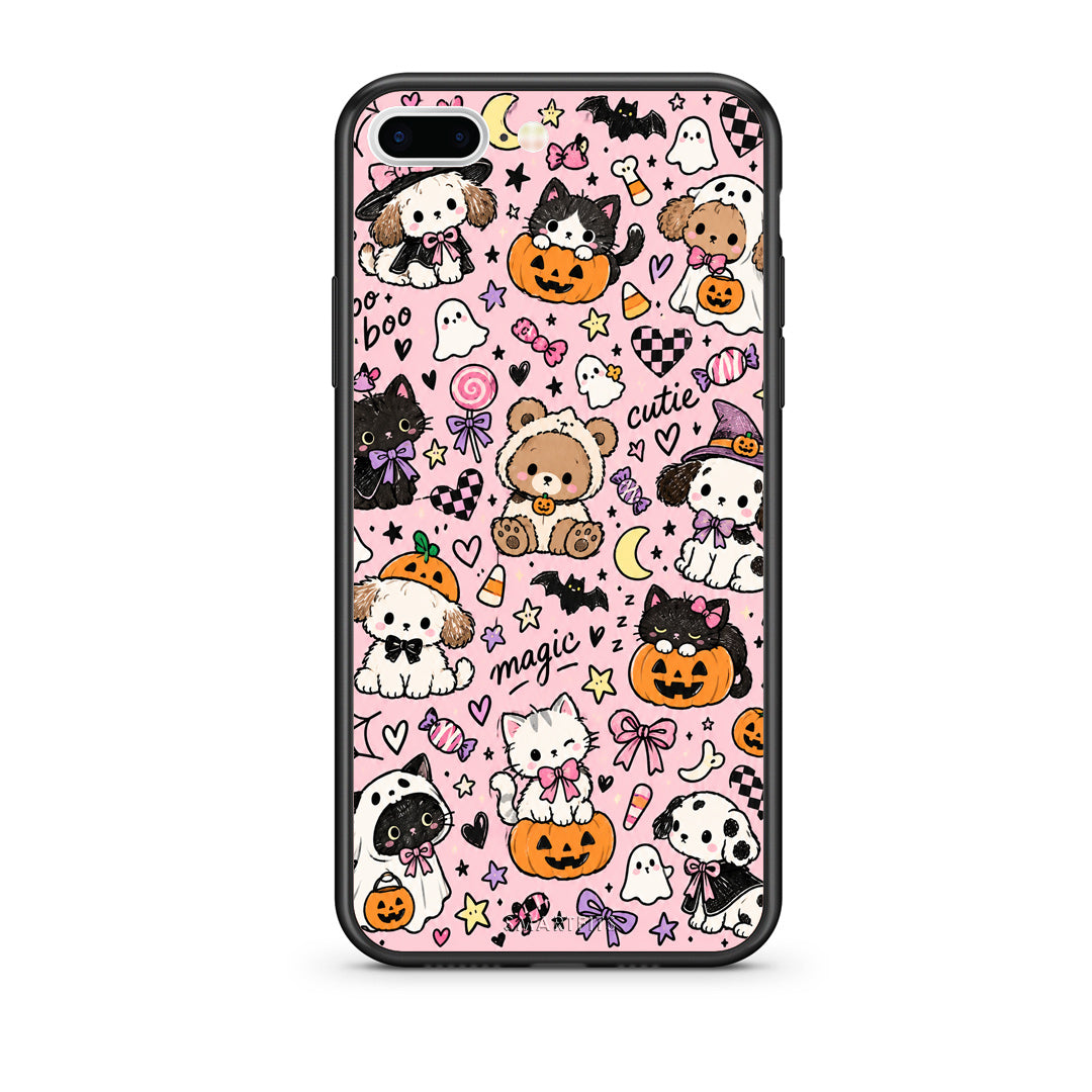 Θήκη iPhone 7 Plus / 8 Plus Halloween Cute Animals on Pink από τη Smartfits με σχέδιο στο πίσω μέρος και μαύρο περίβλημα | iPhone 7 Plus / 8 Plus Halloween Cute Animals on Pink case with colorful back and black bezels