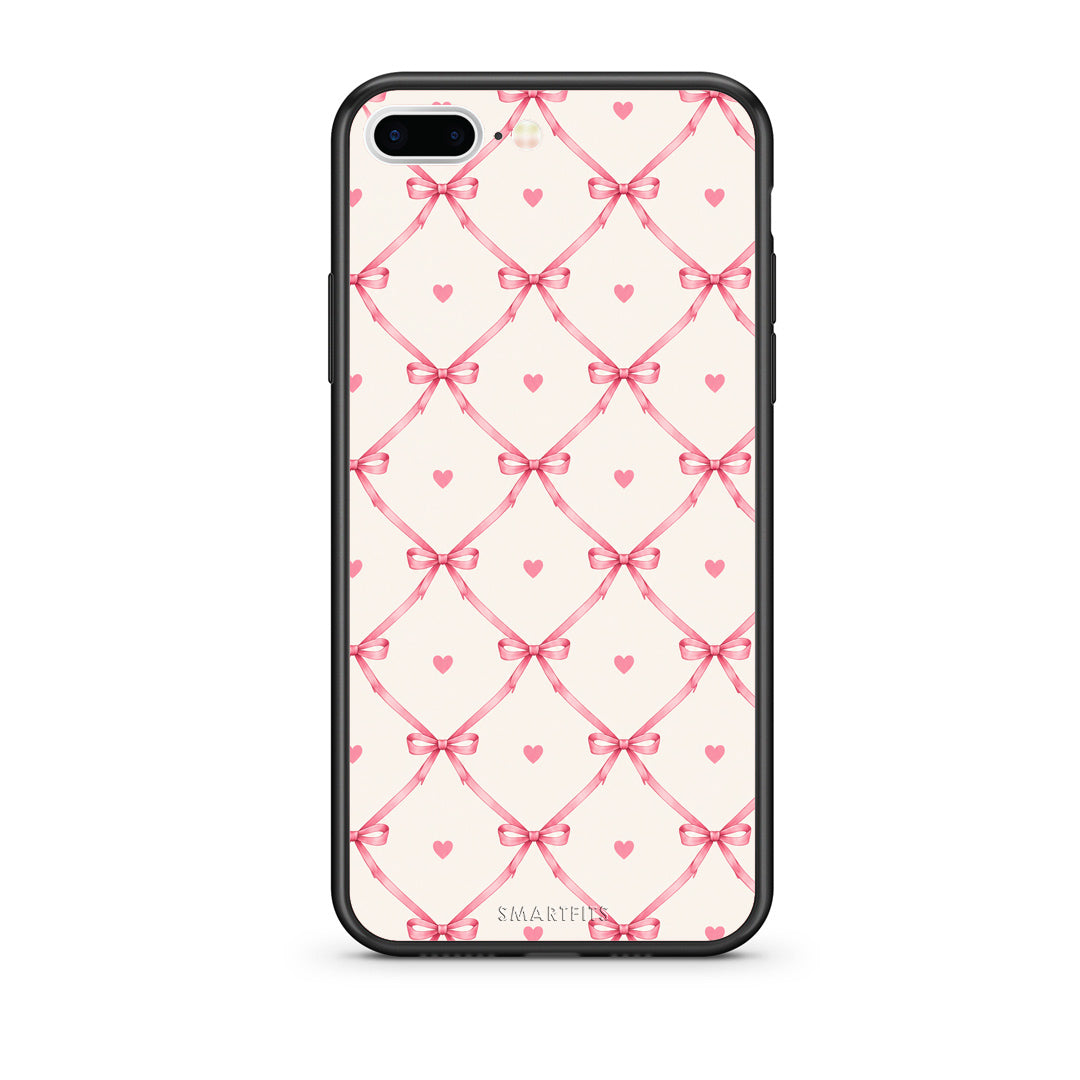 Θήκη iPhone 7 Plus / 8 Plus Pink Bow Lattice and Hearts on Cream από τη Smartfits με σχέδιο στο πίσω μέρος και μαύρο περίβλημα | iPhone 7 Plus / 8 Plus Pink Bow Lattice and Hearts on Cream case with colorful back and black bezels